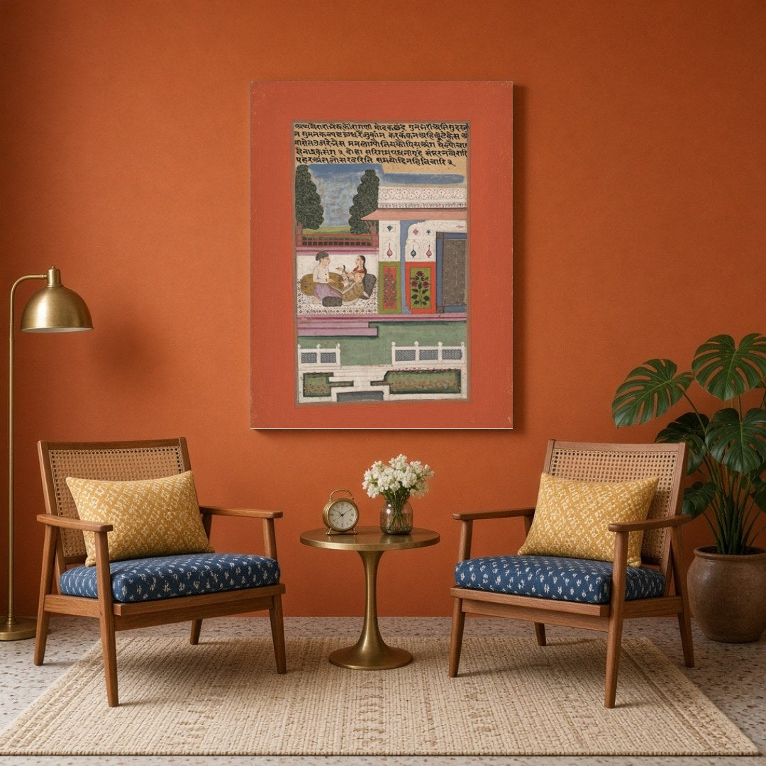 Experience the serene elegance of a royal couple in a vibrant garden setting, captured in intricate for Sitting Area