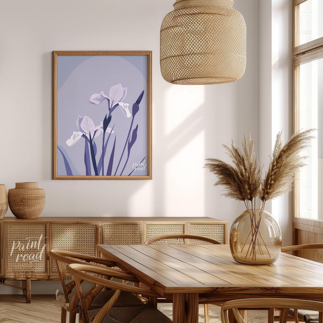 This elegant digital illustration features two white iris flowers with delicate petals, accompanied… for dining room