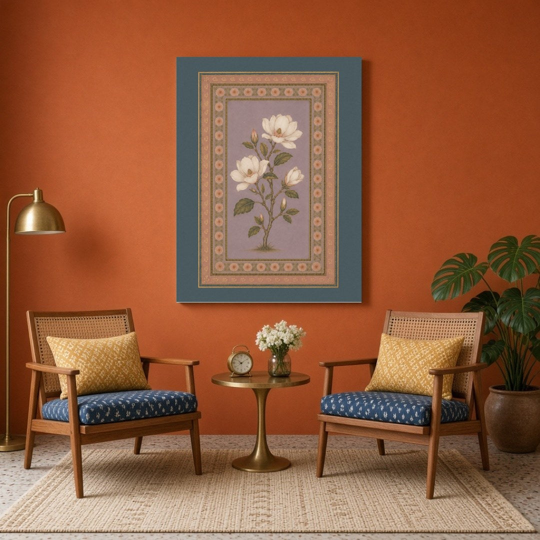 Discover the timeless beauty of Mughal artistry with this captivating botanical piece. Ivory for Sitting Area