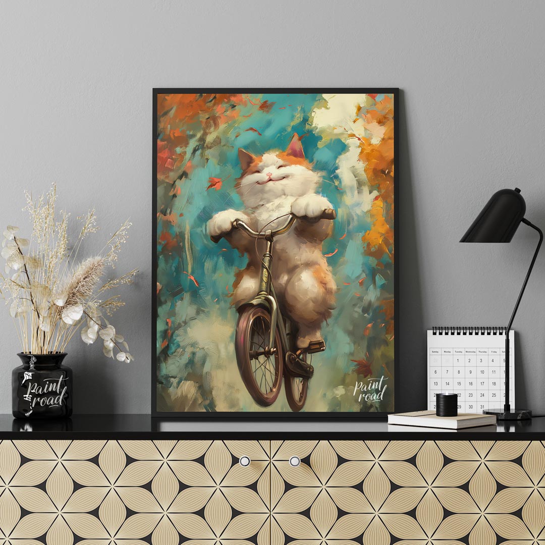 This vibrant digital painting captures a cheerful, fluffy white and ginger cat happily riding a bic… for living room
