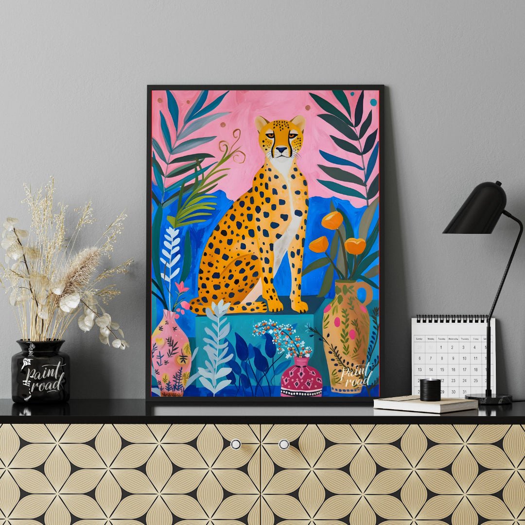"Jungle Cheetah" presents a vibrant, stylized painting of a cheetah seated amidst lush, colorful fo… for office