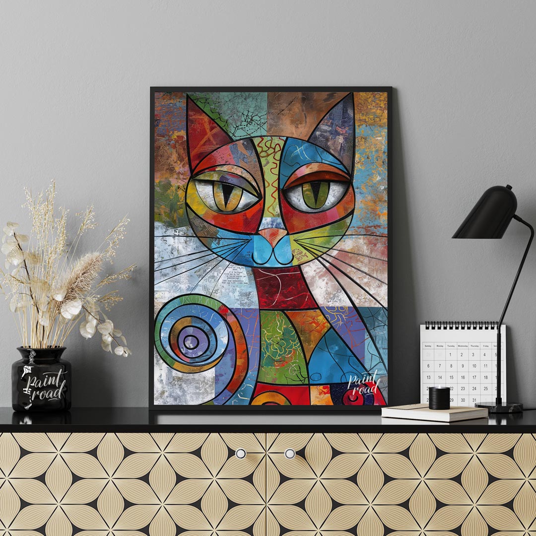 This vibrant and highly abstract painting features a stylized cat rendered with a kaleidoscope of b… for office