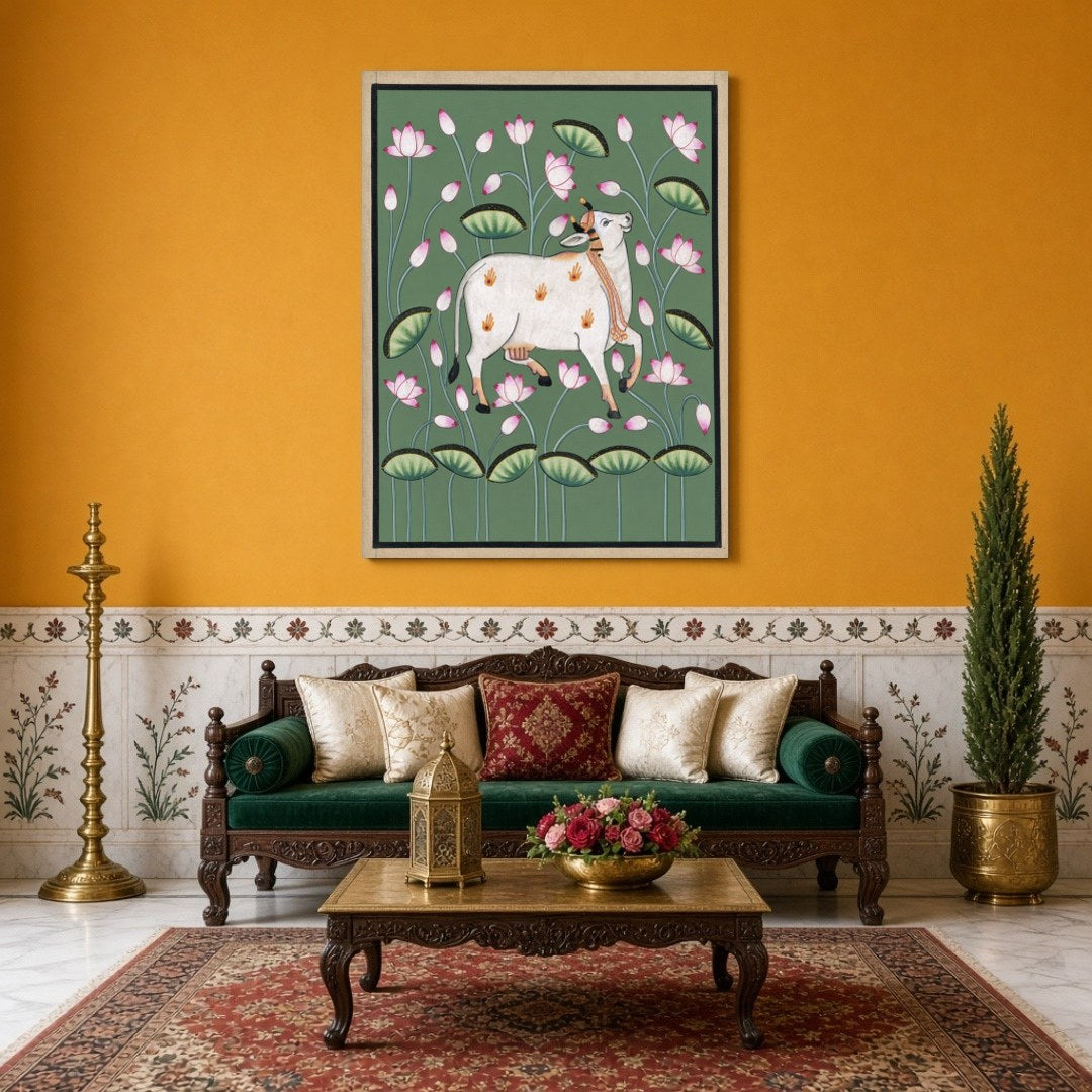 Immerse your space in tranquility with this exquisite Pichwai artwork featuring the sacred Kamdhenu for Sitting Area