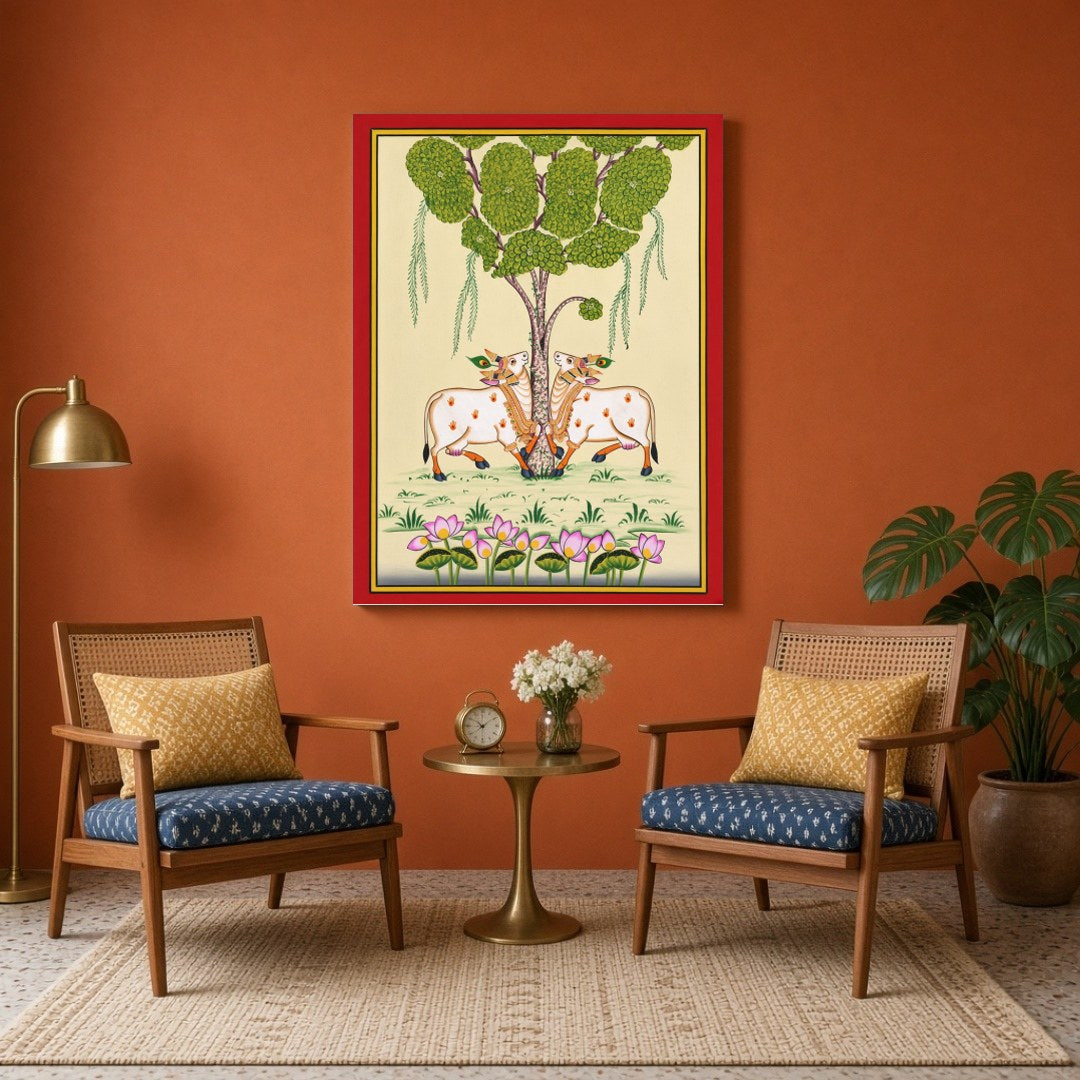 This exquisite Pichwai artwork captures the serene presence of the divine Kamdhenu cows beneath a for Sitting Area