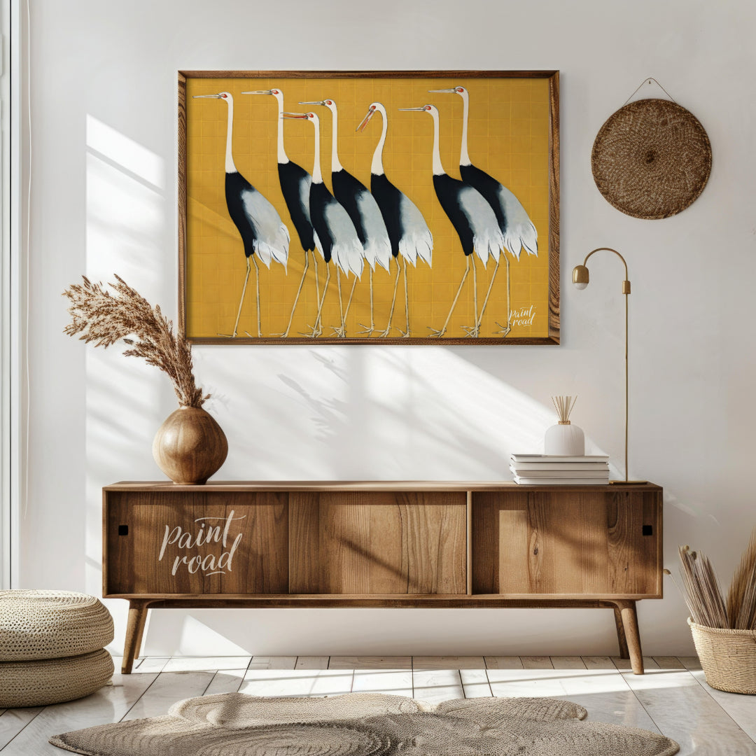 This artwork, reminiscent of Ogata Korin's style, features a striking arrangement of seven cranes a… for living room