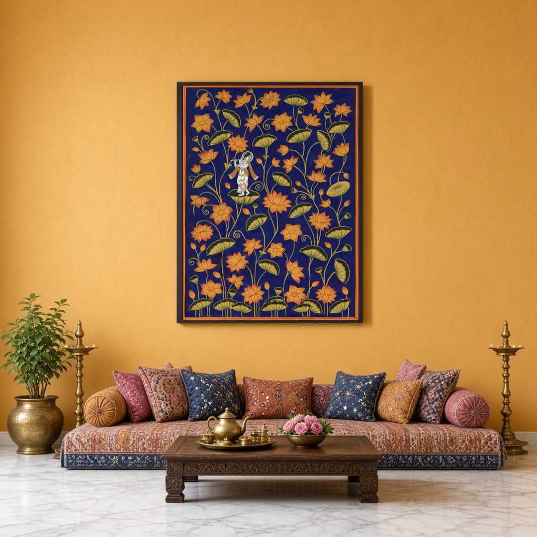 Immerse yourself in the divine elegance of 'Krishna Amidst Golden Lotus,' a Pichwai art masterpiece for Sitting Lounge