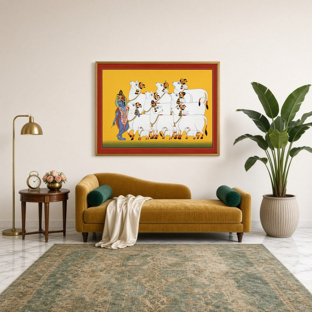 Immerse yourself in the divine presence of Krishna as he guides a serene procession of sacred cows, for Sitting Lounge