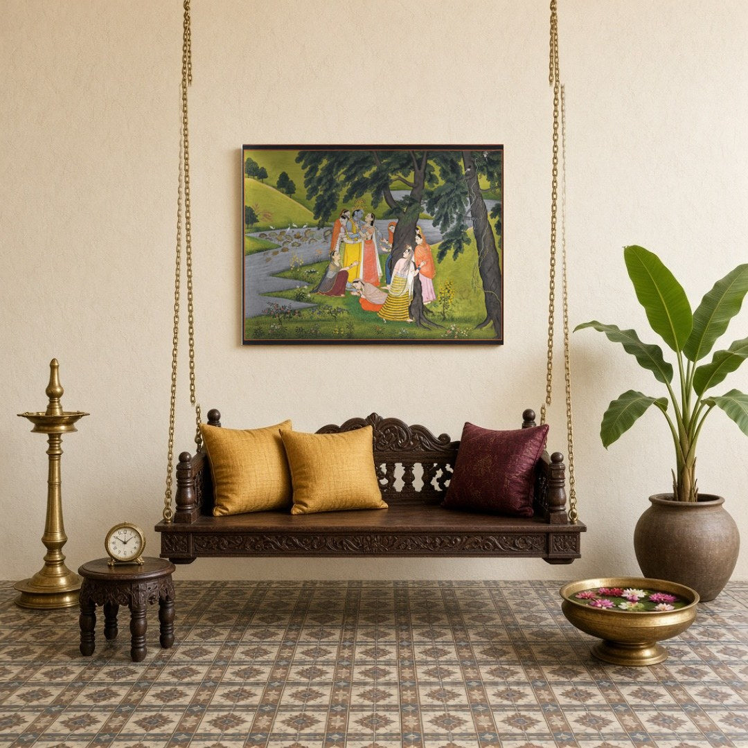 Experience the divine charm of Krishna with this exquisite Pichwai artwork, depicting the Lord for Sitting Lounge