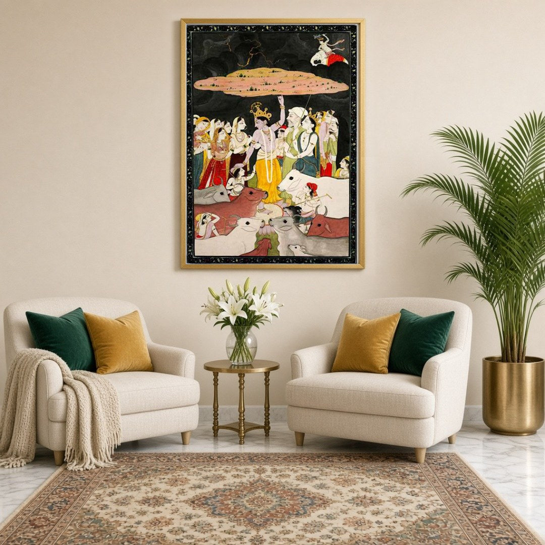 Immerse in the divine narrative of Krishna offering protection, as beautifully captured in this for Sitting Lounge