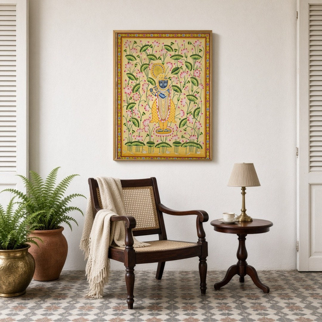 Immerse in the divine charm of Krishna amidst a mesmerizing expanse of pink lotuses. This exquisite for Sitting Lounge