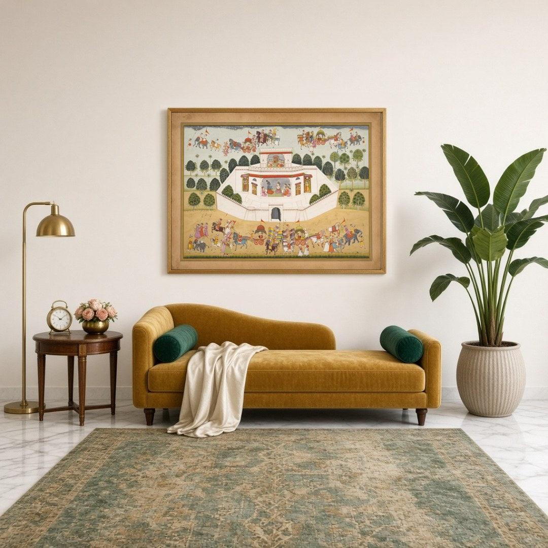 Experience the vibrant celebrations of Krishna’s grand festival procession in this exquisite for Sitting Lounge