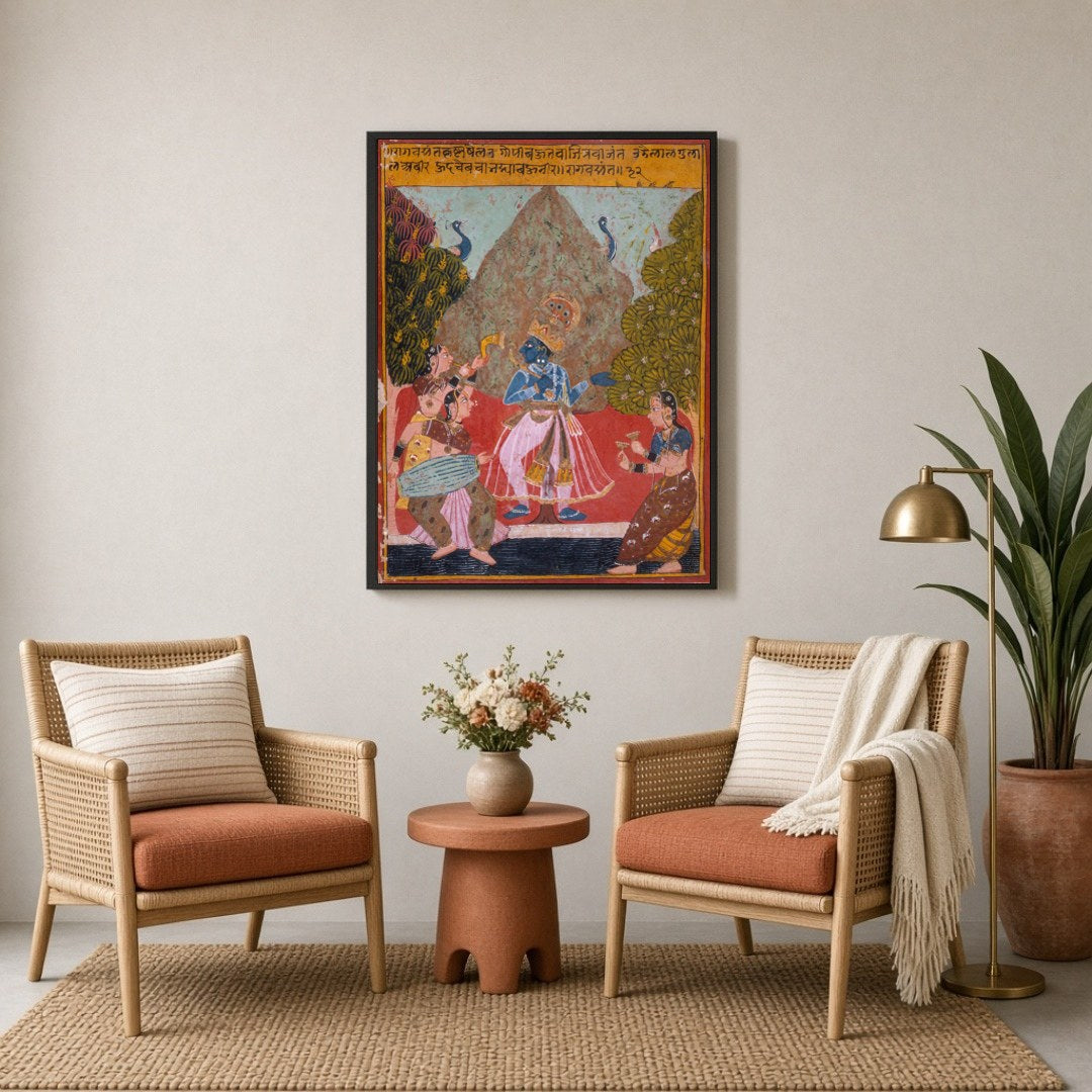 Immerse yourself in the vibrant world of Pichwai art with this exquisite depiction of Lord Krishna for Sitting Lounge