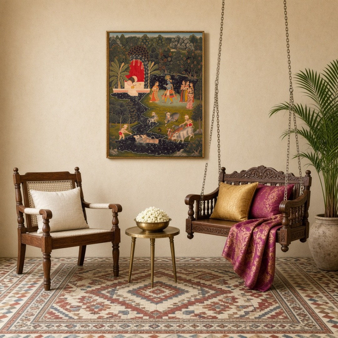 Immerse yourself in the serene beauty of 'Krishna's Pastoral Harmony,' a captivating Pichwai for Sitting Lounge