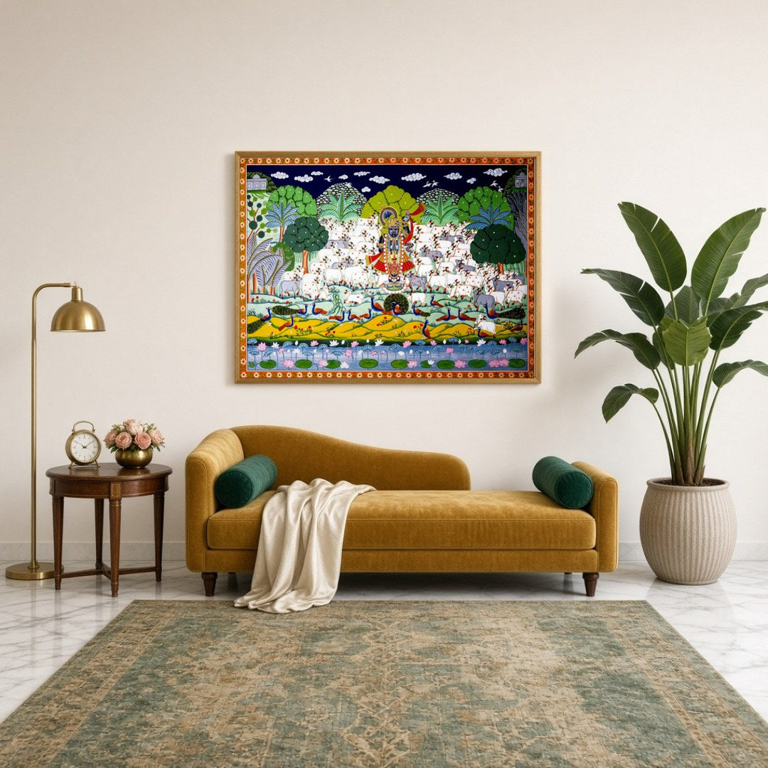 Immerse in the exquisite beauty of this Pichwai art piece, featuring Lord Krishna majestically for Sitting Lounge