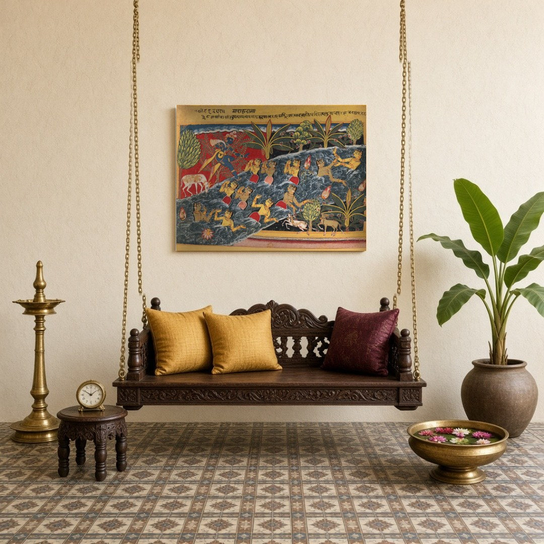 Experience the divine animation of Krishna's playful steps as he dances by the river, surrounded by for Sitting Lounge