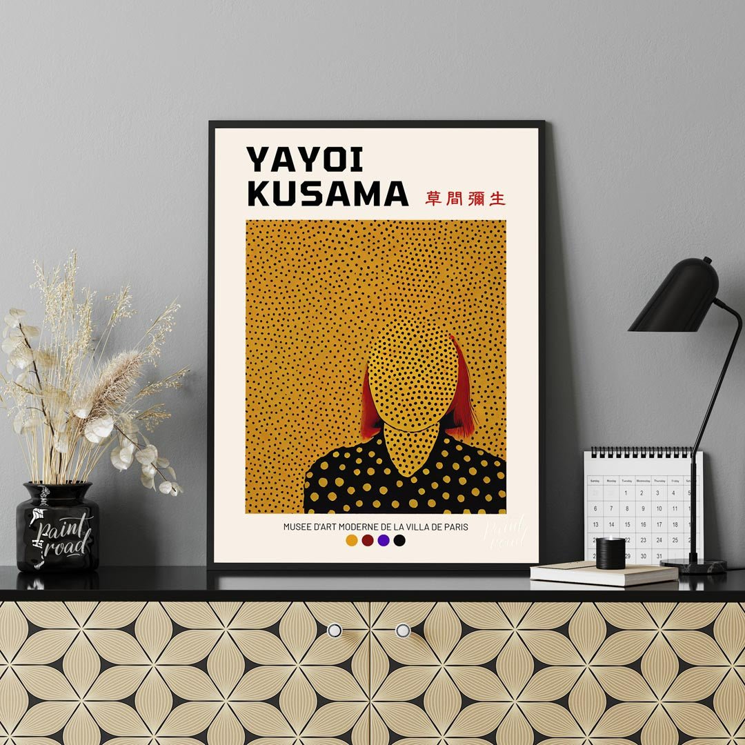 This iconic exhibition poster features a striking self-portrait of Yayoi Kusama, rendered in her si… for office