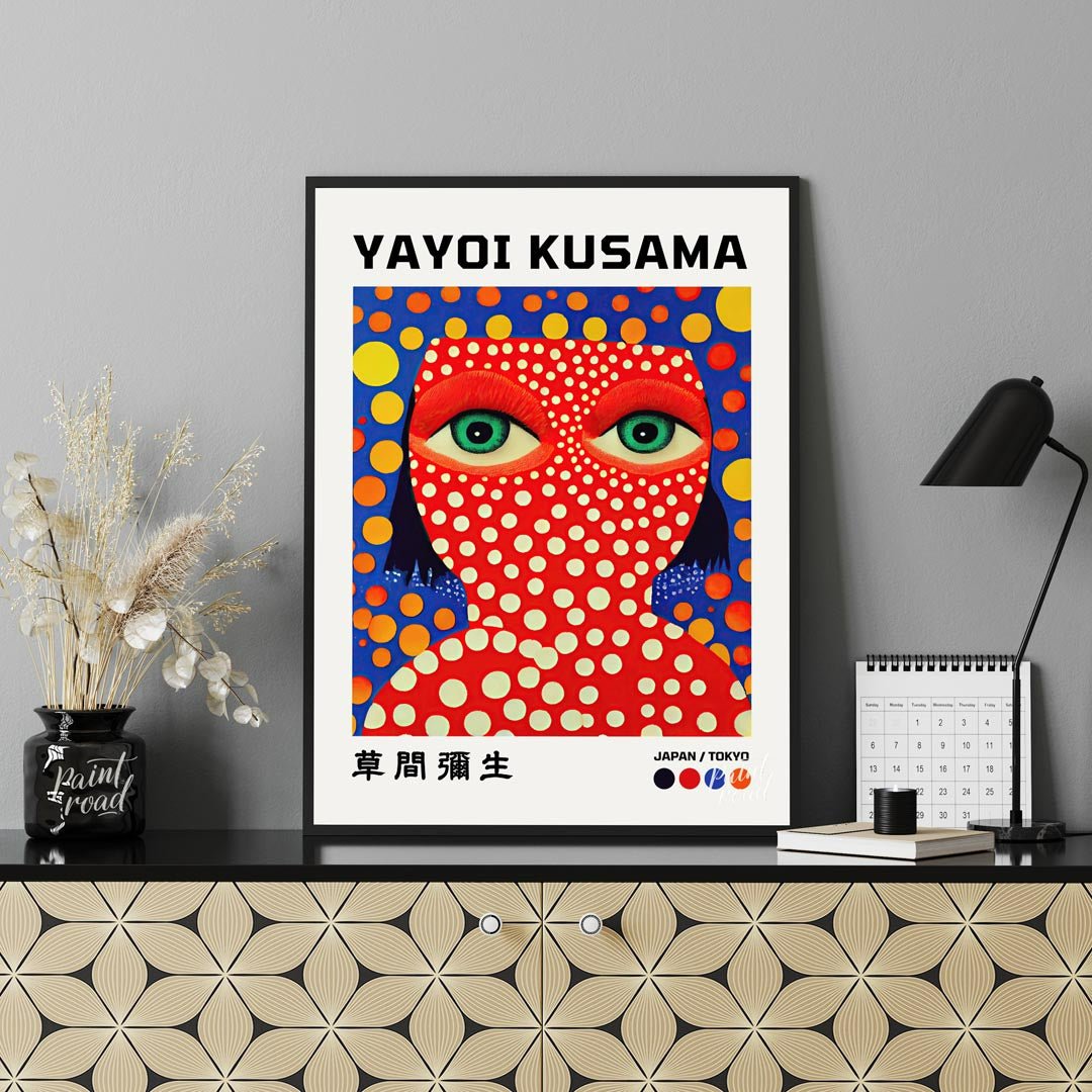 This striking art print features a vibrant self-portrait of Yayoi Kusama, characterized by her icon… for office