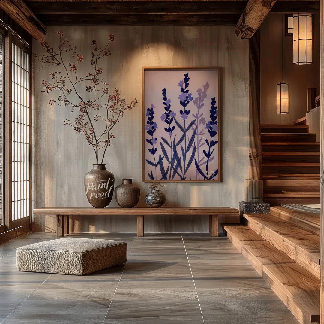 This serene digital illustration features stylized lavender sprigs in shades of deep blue and soft … for entryway