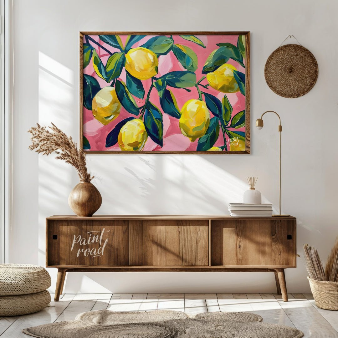 This vibrant art captures the vibrant beauty of sun-ripened lemons on a branch against a bold pink … for living room