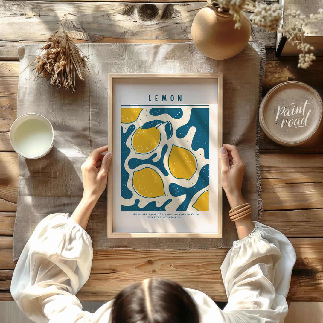 This vibrant and whimsical poster features a captivating abstract design centered around lemons, ex… for dining room