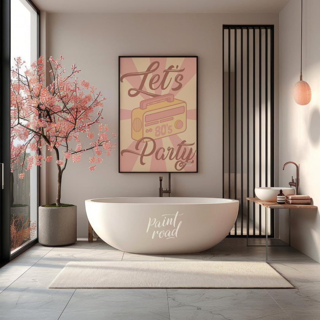 Let’s Party 80s Radio Poster Painting available online at Paintroad showing 80s nostalgia artistic and bar area