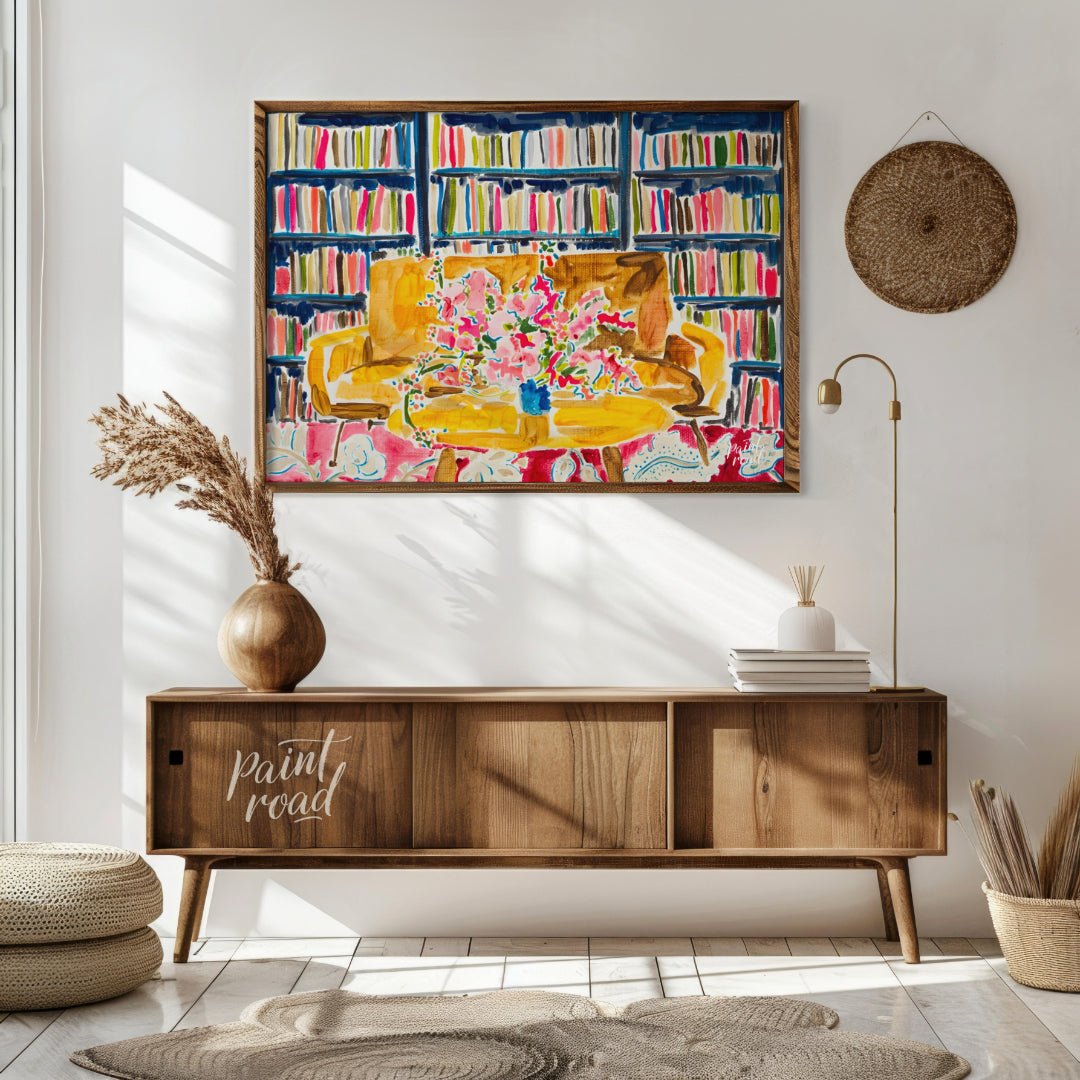 "Library Bloom" presents a vibrant interior scene featuring a bouquet of flowers on a table, set ag… for living room