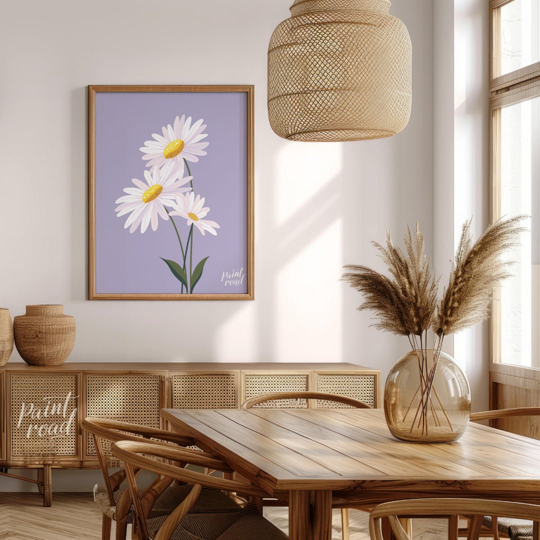 This charming digital illustration features three white daisies with bright yellow centers, set aga… for dining room