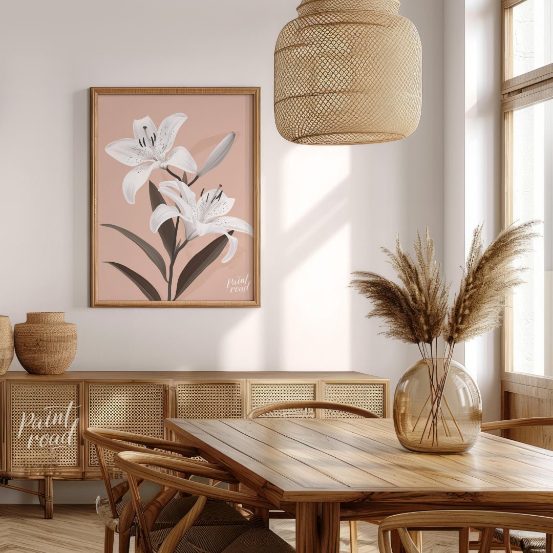 This elegant digital illustration features two white lilies with delicate petals and subtle black a… for dining room