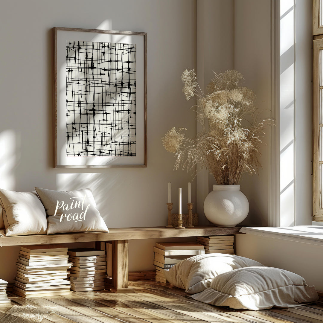 This abstract artwork features a network of irregular black lines against a light background, creat… for living room