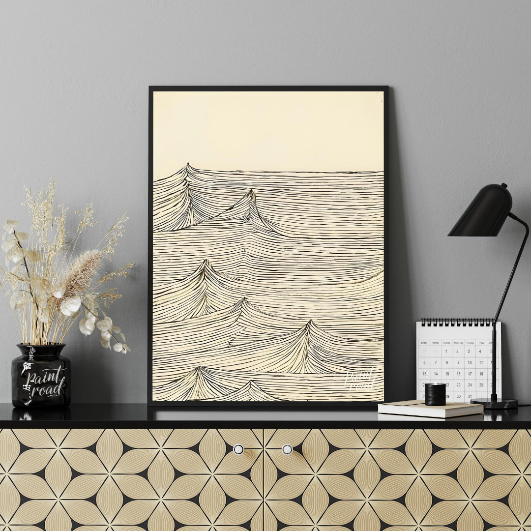 This artwork features a series of stylized wave peaks rendered with intricate, parallel lines again… for office