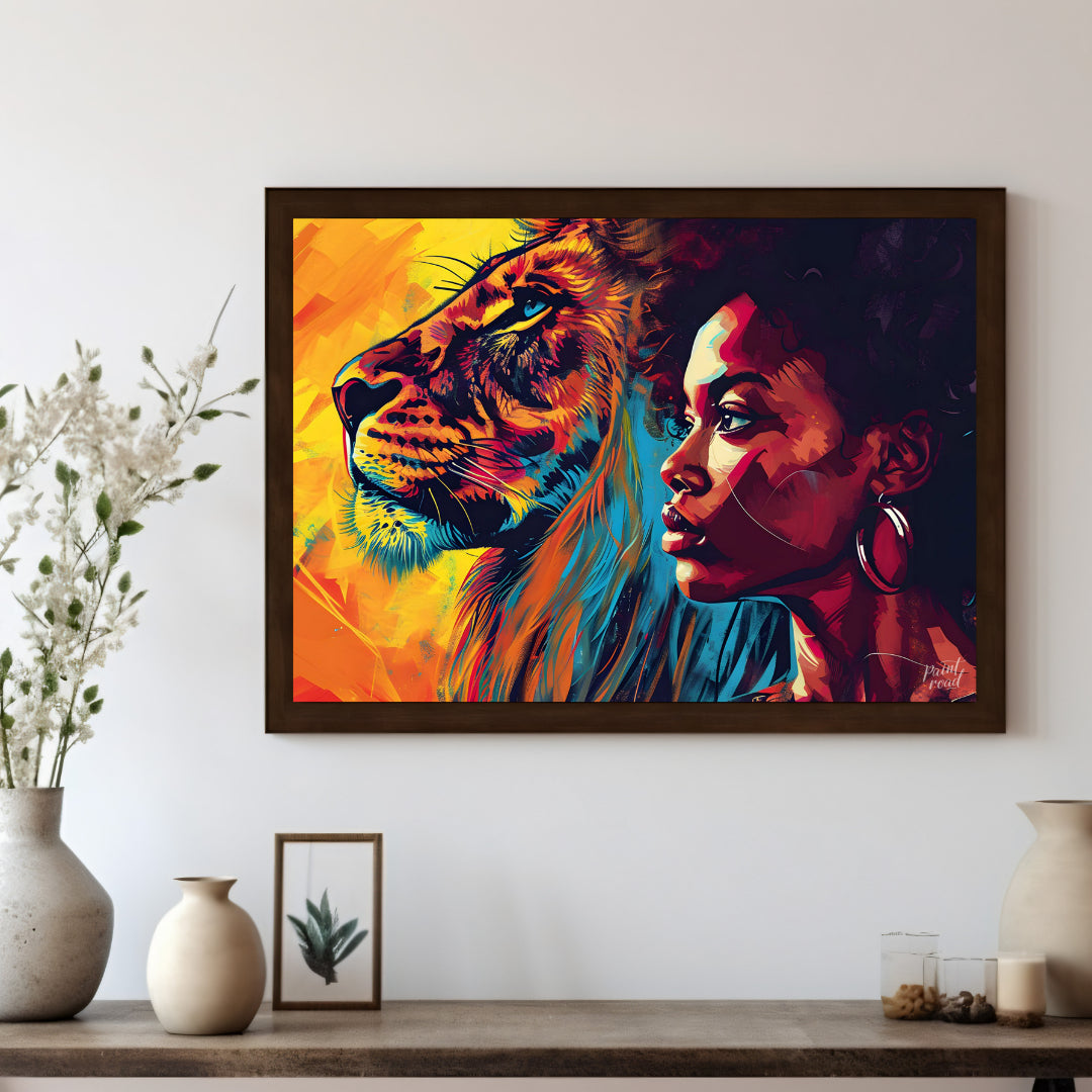 A powerful and evocative artwork that juxtaposes the strength and beauty of a lion and a woman. The… for living room