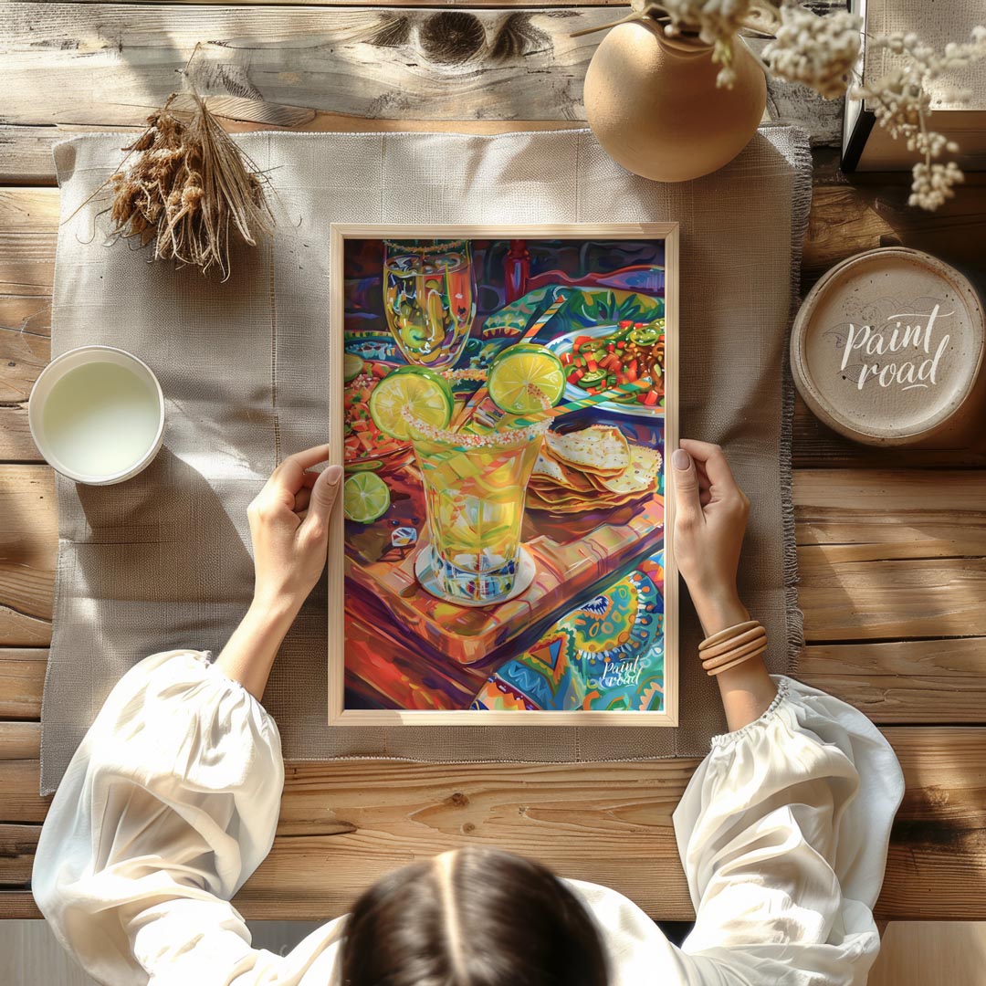 This vibrant and richly detailed poster captures a lively Mexican-inspired dining scene, brimming w… for other