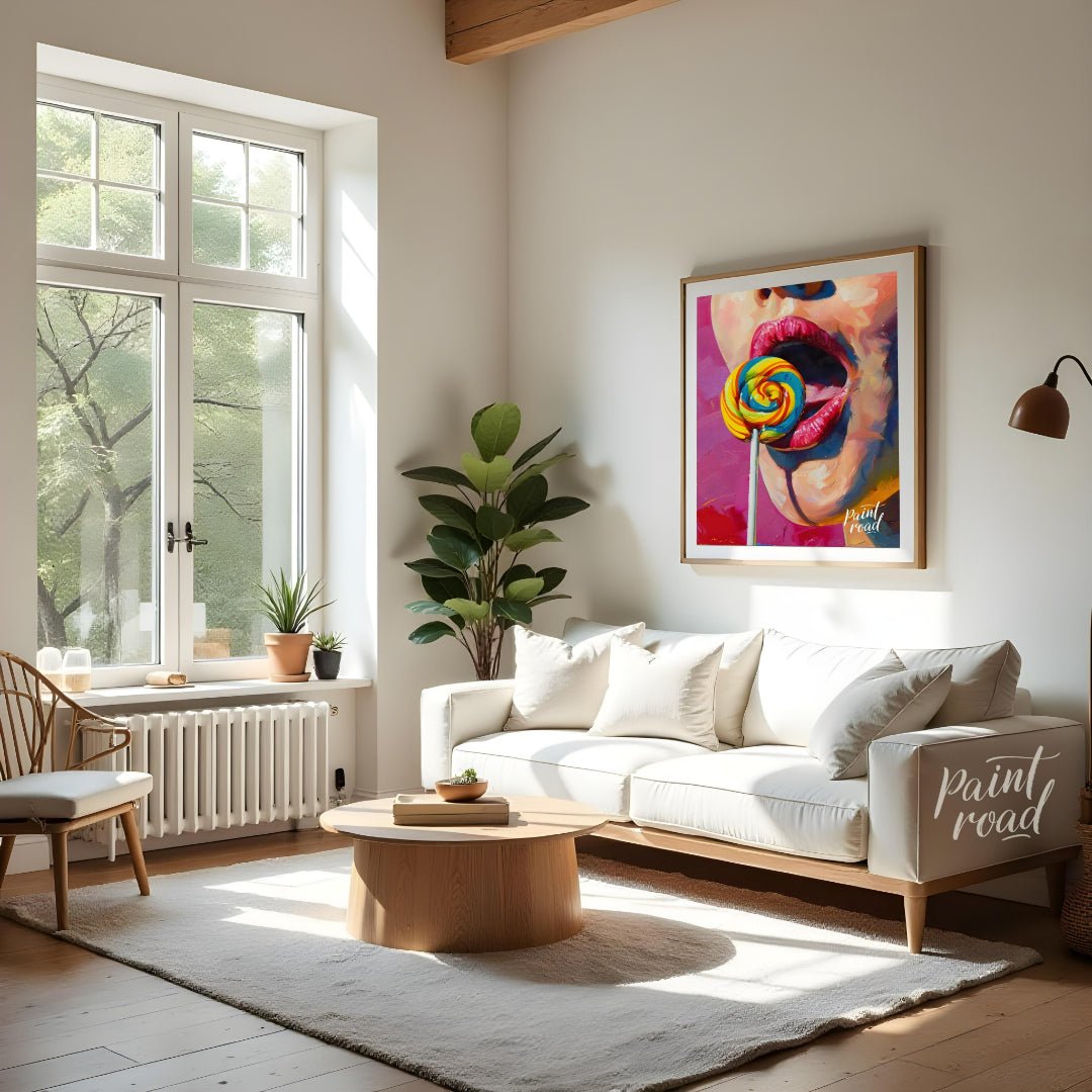 This vibrant oil painting captures the allure of a woman indulging in a sweet treat. A close-up of … for living room