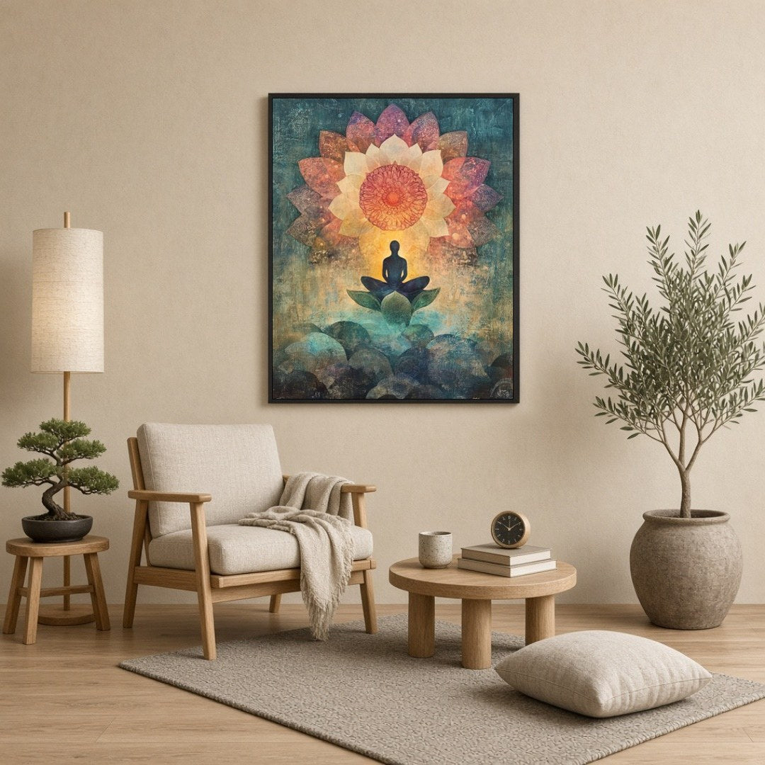 Immerse in the serenity of this captivating artwork, featuring a meditative figure seated for Reading Nook