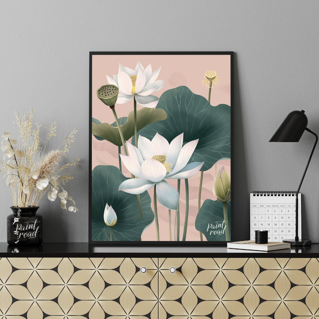 This elegant digital illustration features white lotus flowers with delicate petals and subtle yell… for office