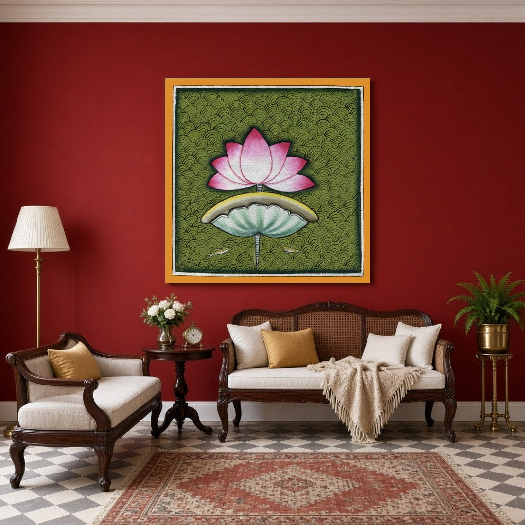 This captivating Pichwai art piece celebrates the timeless beauty of the lotus against a rich, for Sitting Area
