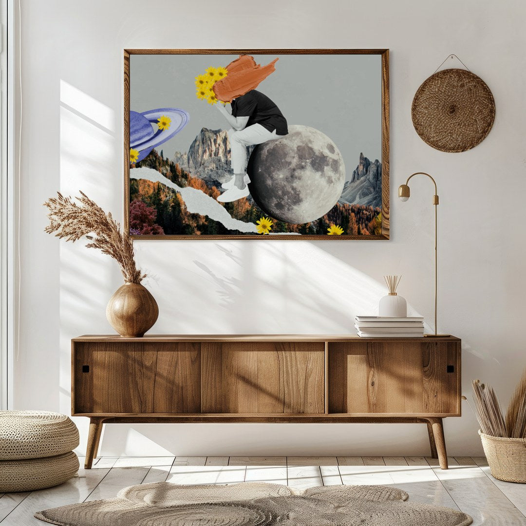 This captivating collage combines abstract surrealism with vibrant colors, creating a harmonious for Sitting Area