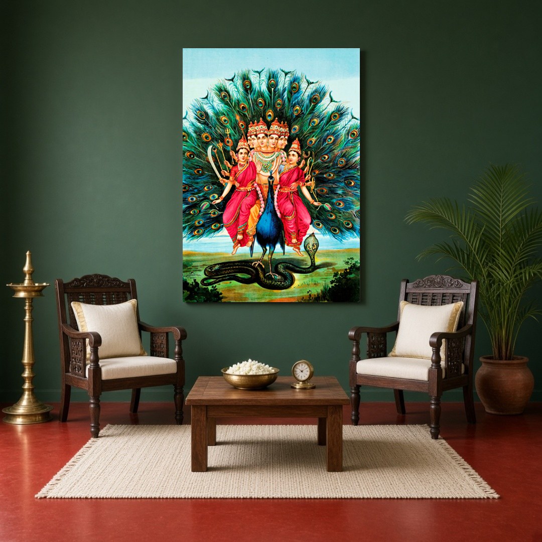 Evoke a sense of spiritual grace with this captivating depiction of Lord Murugan. Surrounded by for Sitting Area