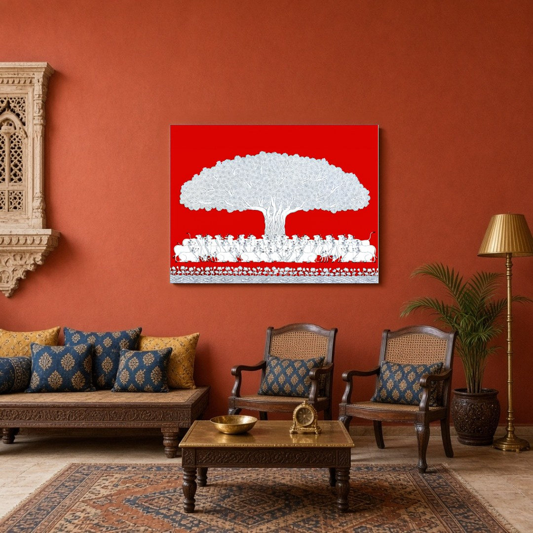 Immerse yourself in the vibrant elegance of this Pichwai art depicting the sacred Tree of Life. for Sitting Area