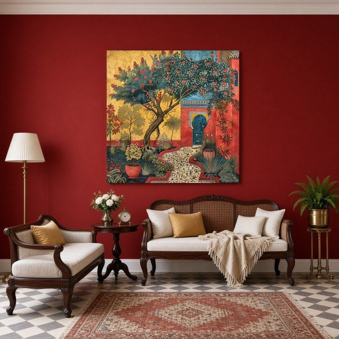 Immerse yourself in a serene Mughal courtyard where majestic trees and vibrant flowers flourish in for Sitting Area