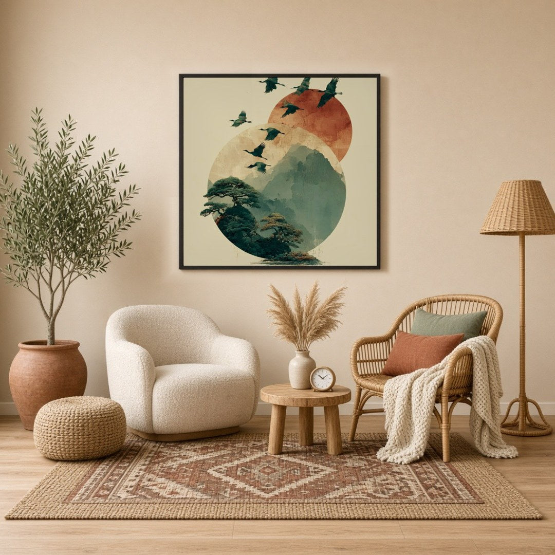 Elevate your space with this captivating artwork featuring elegant cranes soaring over serene for Sitting Lounge