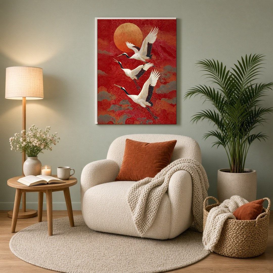 Experience the graceful majesty of cranes soaring beneath a radiant sunset. This striking artwork for Reading Nook