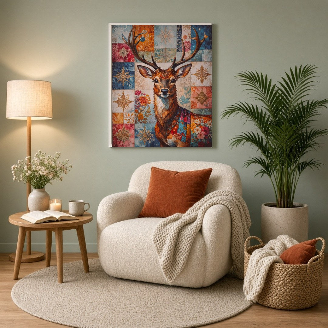 Enchant your space with this captivating art print featuring a noble deer adorned with a rich for Reading Nook