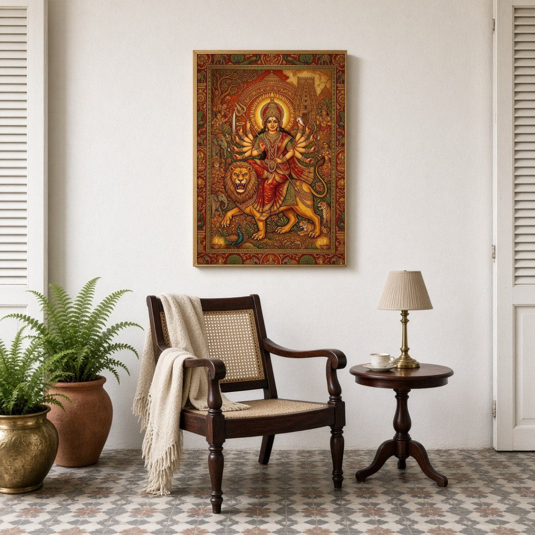 Experience the divine power and grace of Goddess Durga as she rides a majestic lion in this for Sitting Lounge