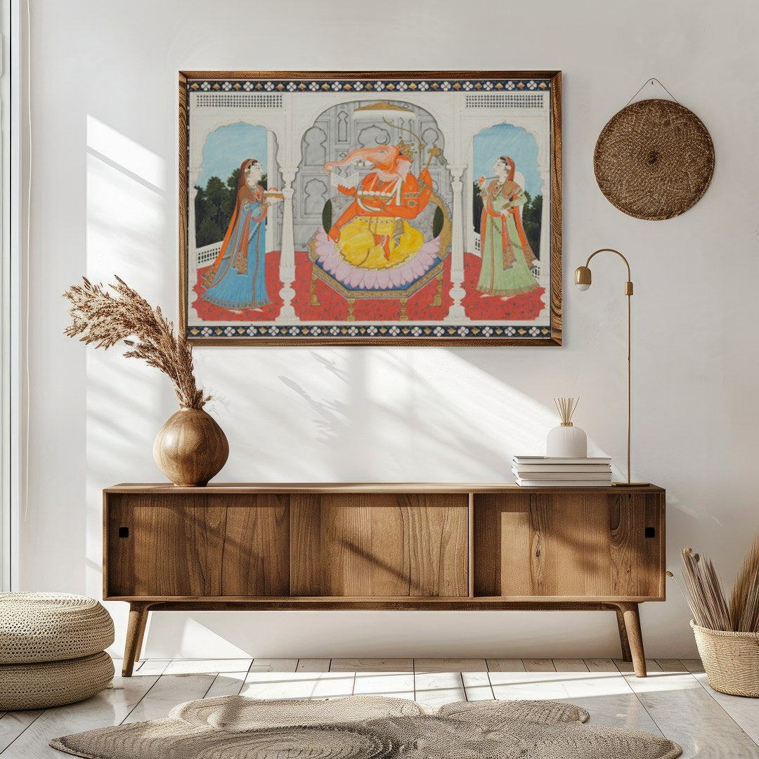This captivating artwork portrays a majestic elephant-headed deity seated in a grandiose for Sitting Area