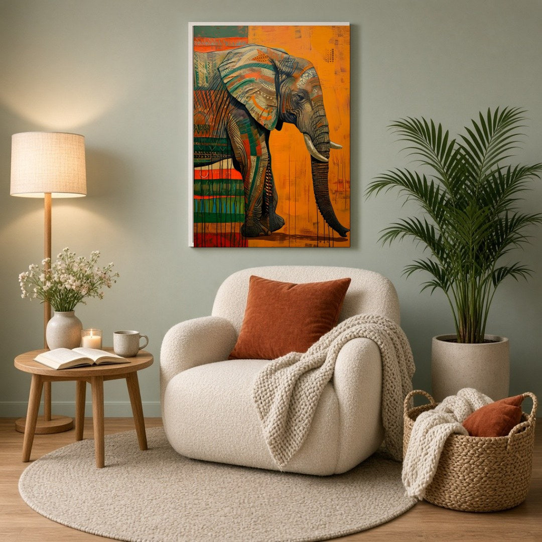 Immerse yourself in the grandeur of this majestic elephant artwork, showcasing vibrant contemporary for Reading Nook