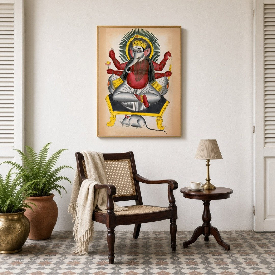 Experience a divine connection with this striking Kalighat folk art depicting Lord Ganesha for Sitting Lounge