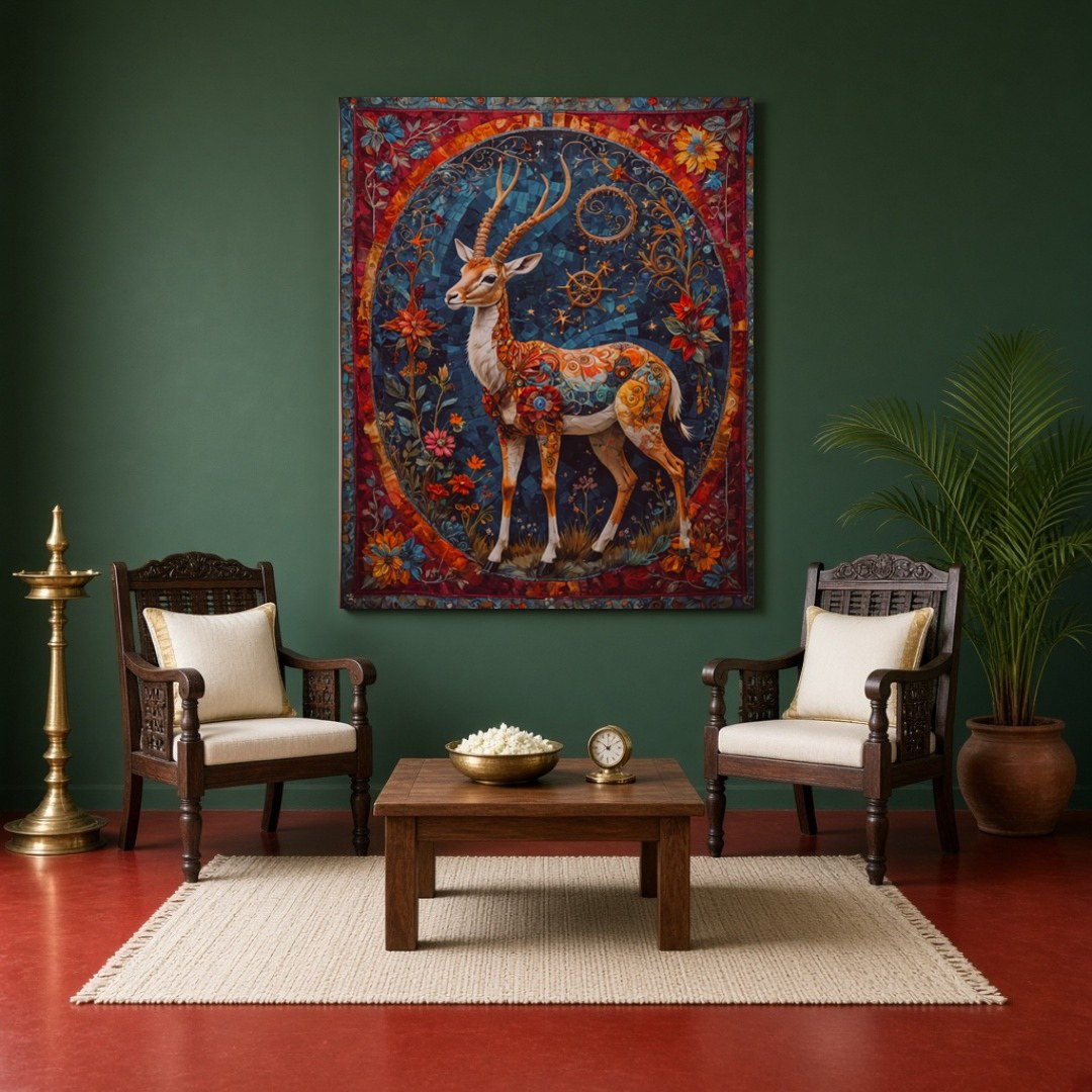 Immerse yourself in a mesmerizing world with this captivating artwork of a majestic gazelle, for Sitting Area