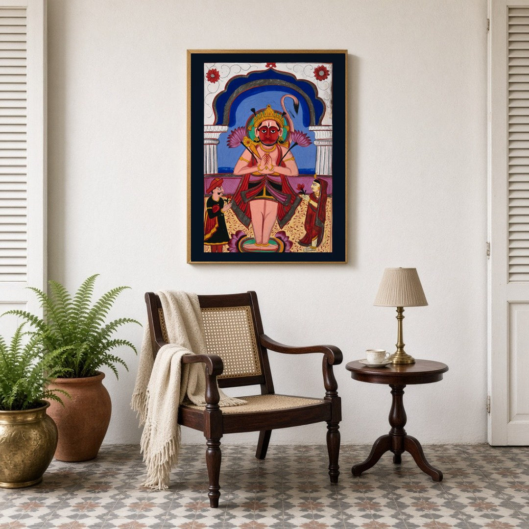 Experience the divine presence of Lord Hanuman depicted in exquisite Phad Art, as he stands for Sitting Lounge