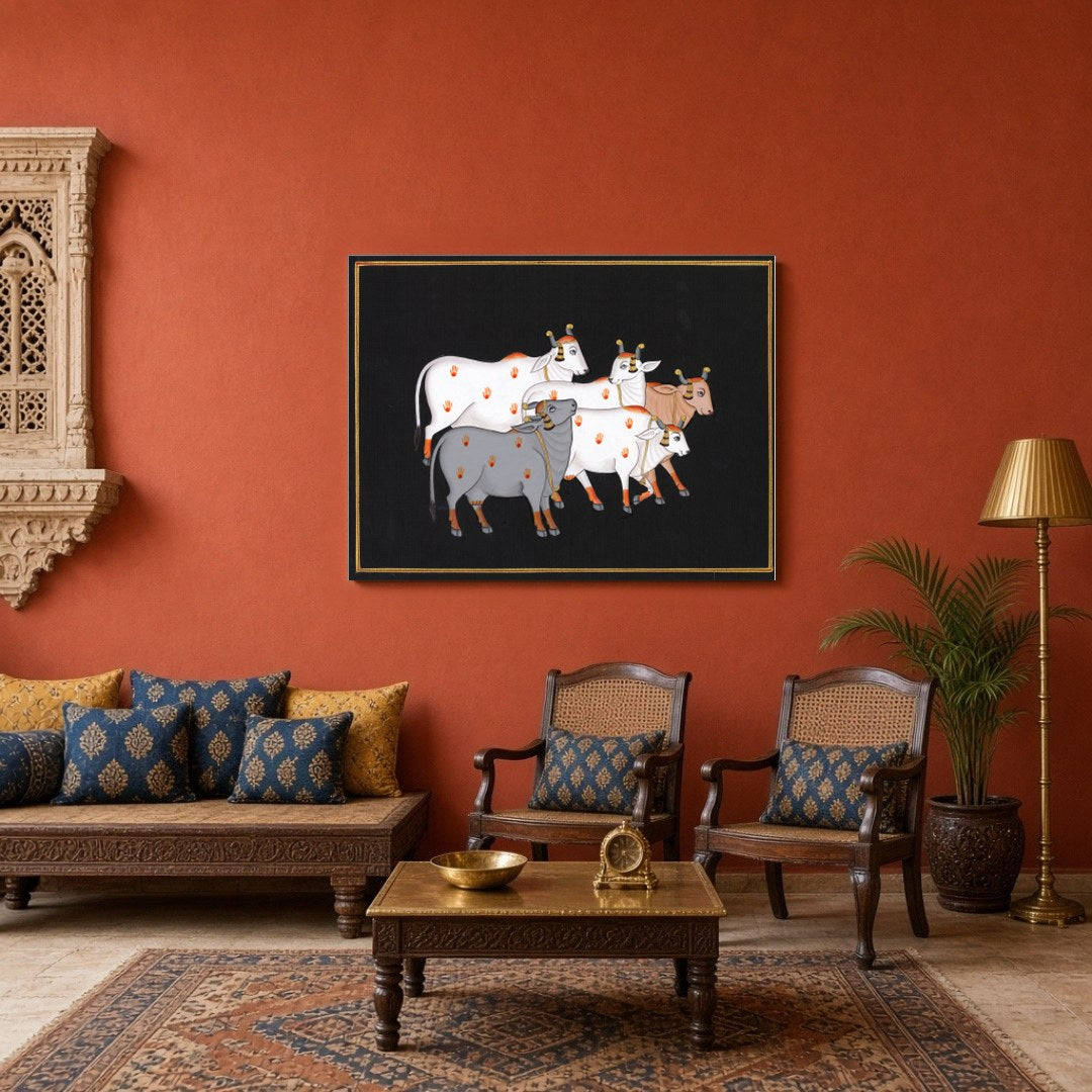 This captivating Pichwai artwork features a serene group of sacred cows set against a dark for Sitting Area
